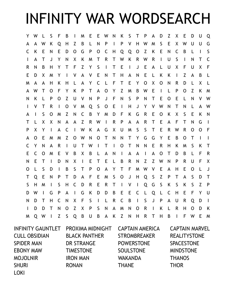INFINITY WAR WORDSEARCH