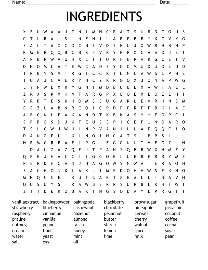 INGREDIENTS Word Search