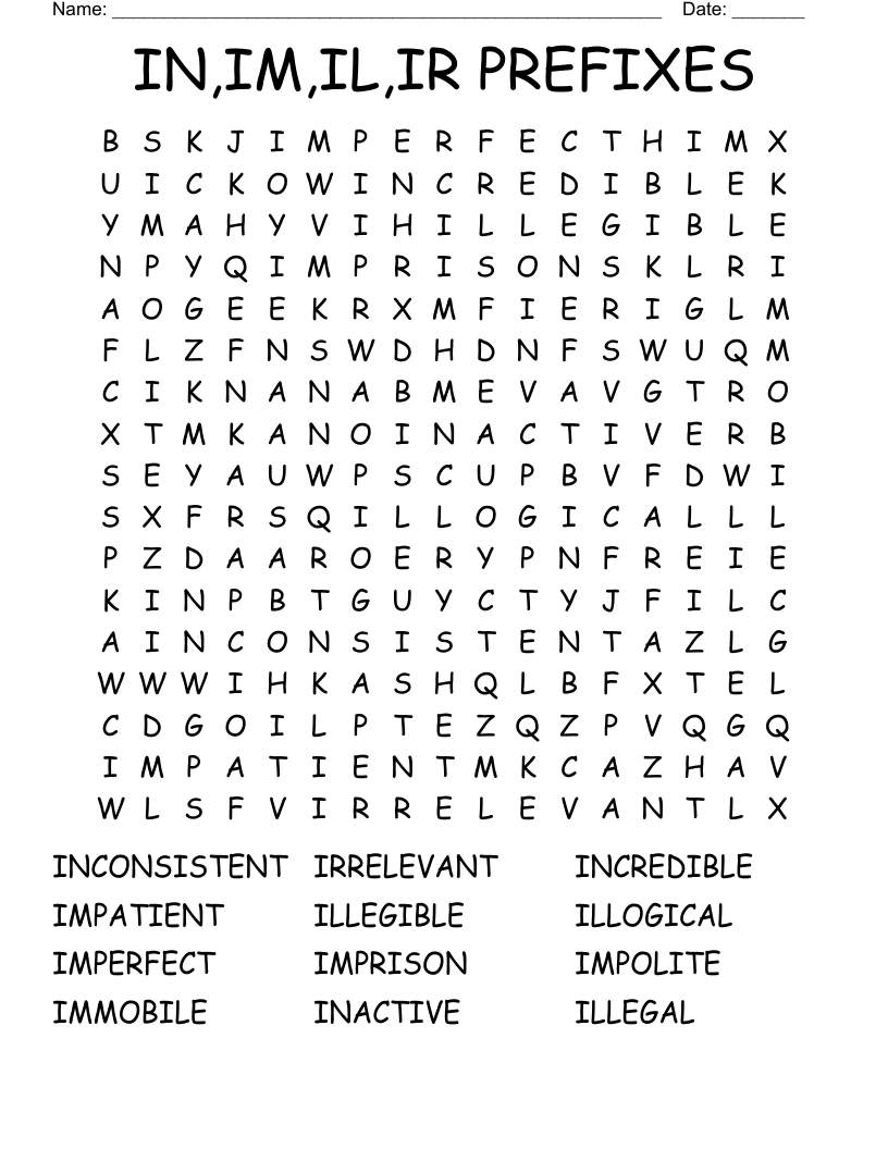 IN,IM,IL,IR PREFIXES Word Search