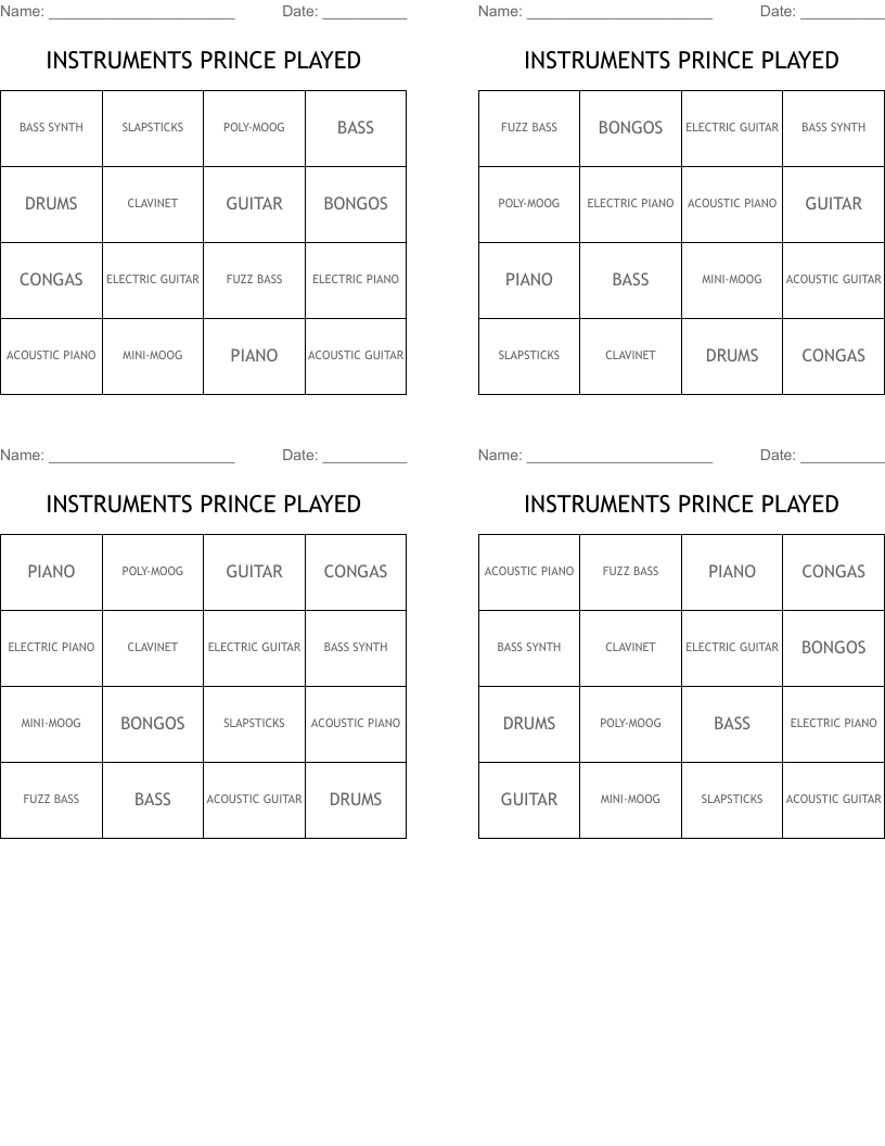 INSTRUMENTS PRINCE PLAYED Bingo Cards