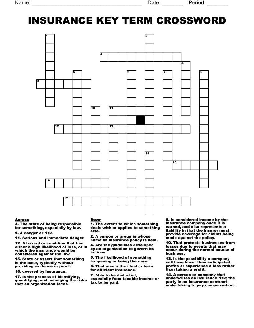 INSURANCE KEY TERM CROSSWORD 