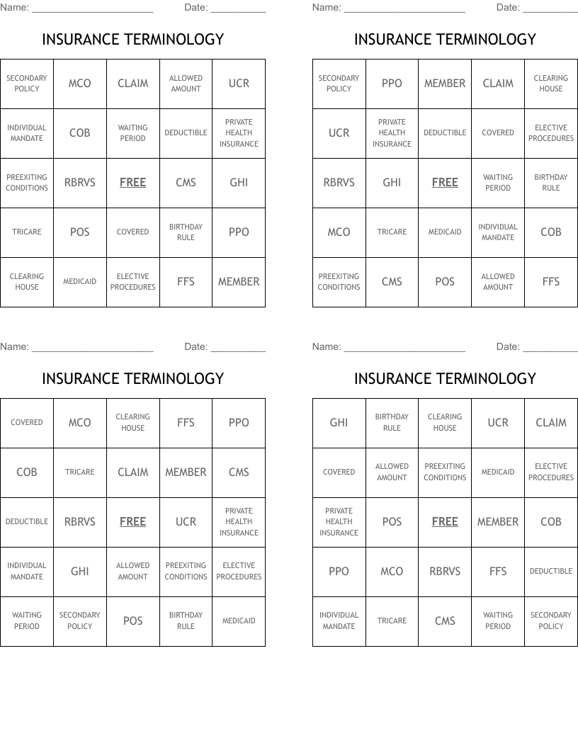 INSURANCE TERMINOLOGY Bingo Cards