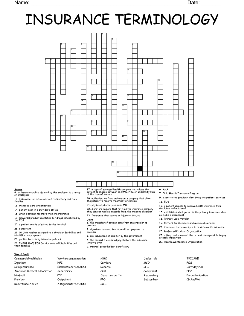 INSURANCE TERMINOLOGY Crossword
