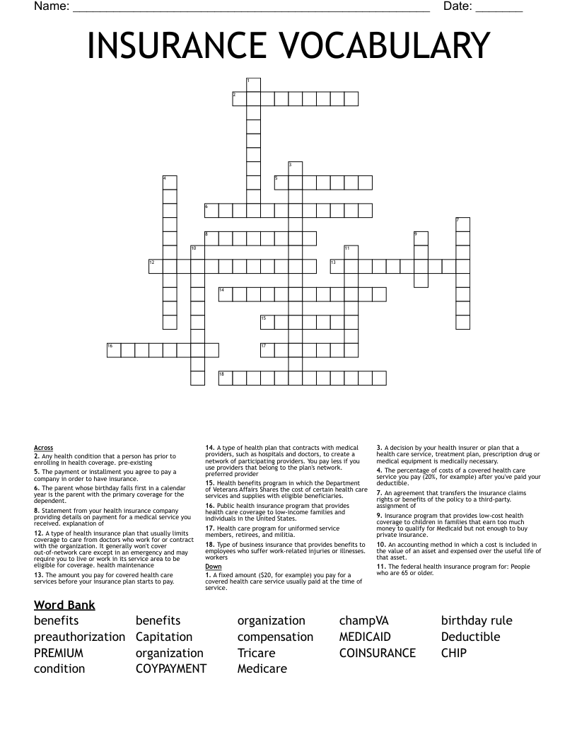 INSURANCE VOCABULARY Crossword