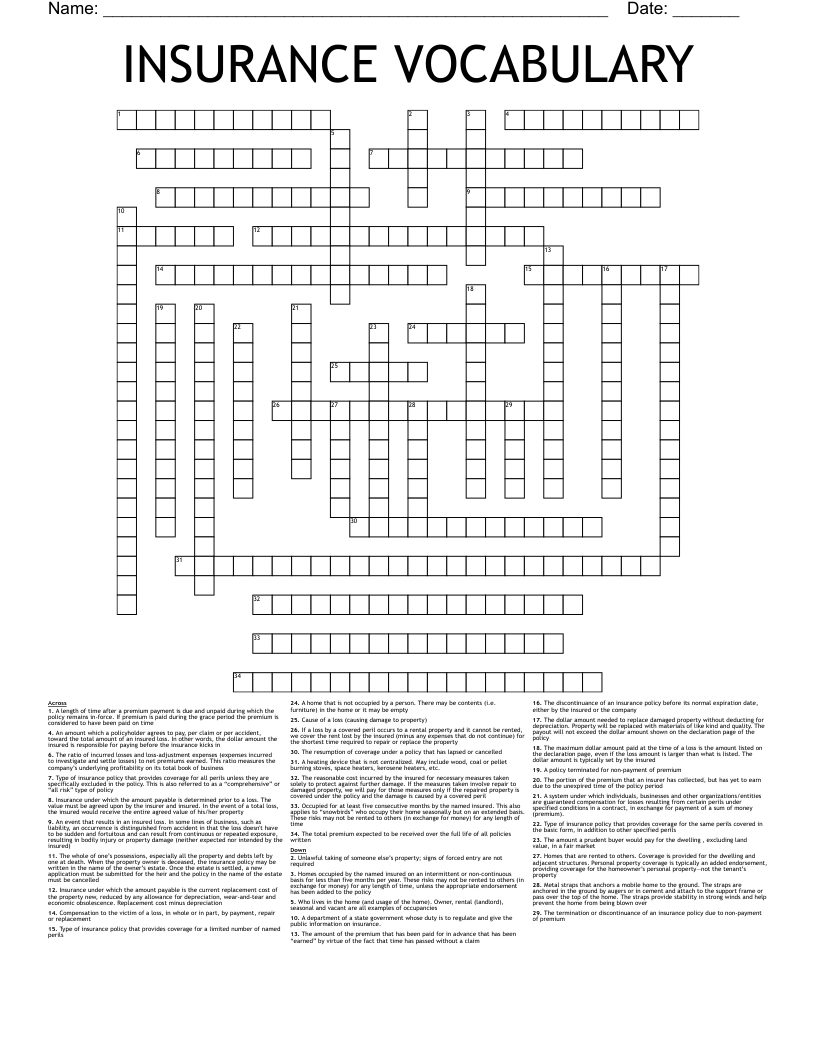 INSURANCE VOCABULARY Crossword