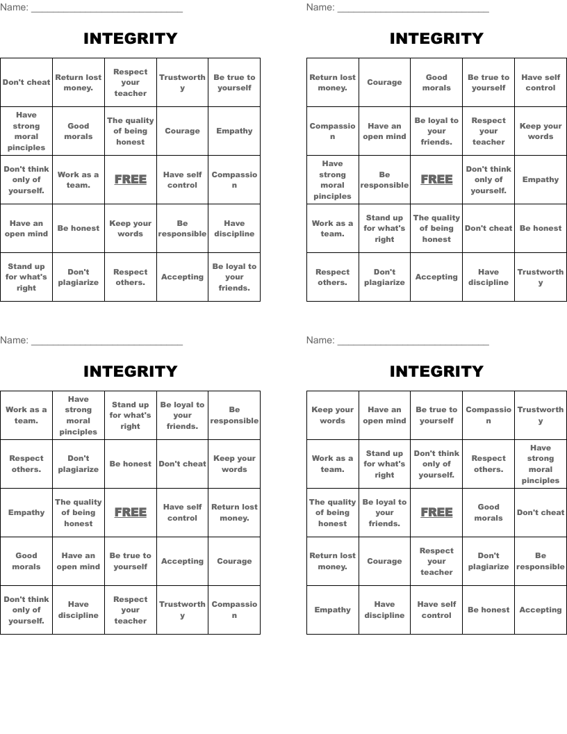 INTEGRITY Bingo Cards