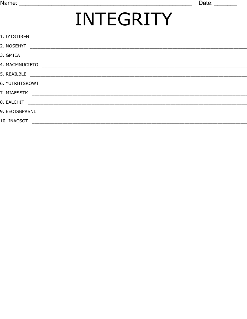 INTEGRITY Word Scramble