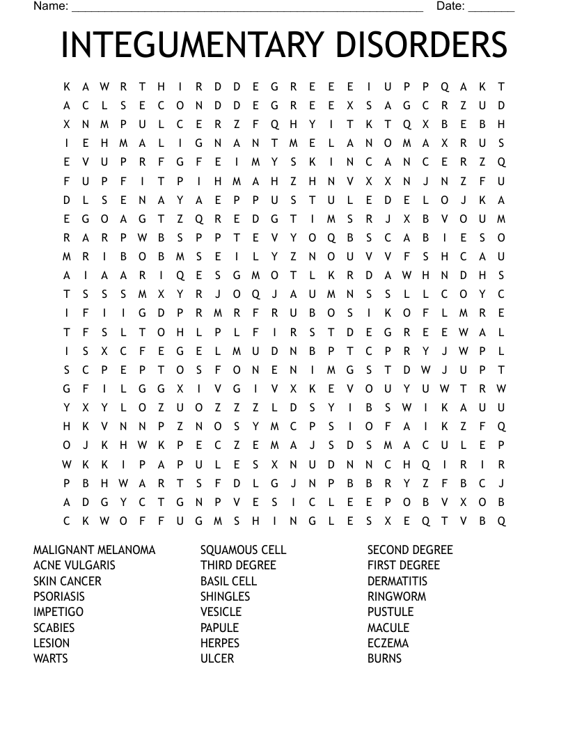 INTEGUMENTARY DISORDERS Word Search