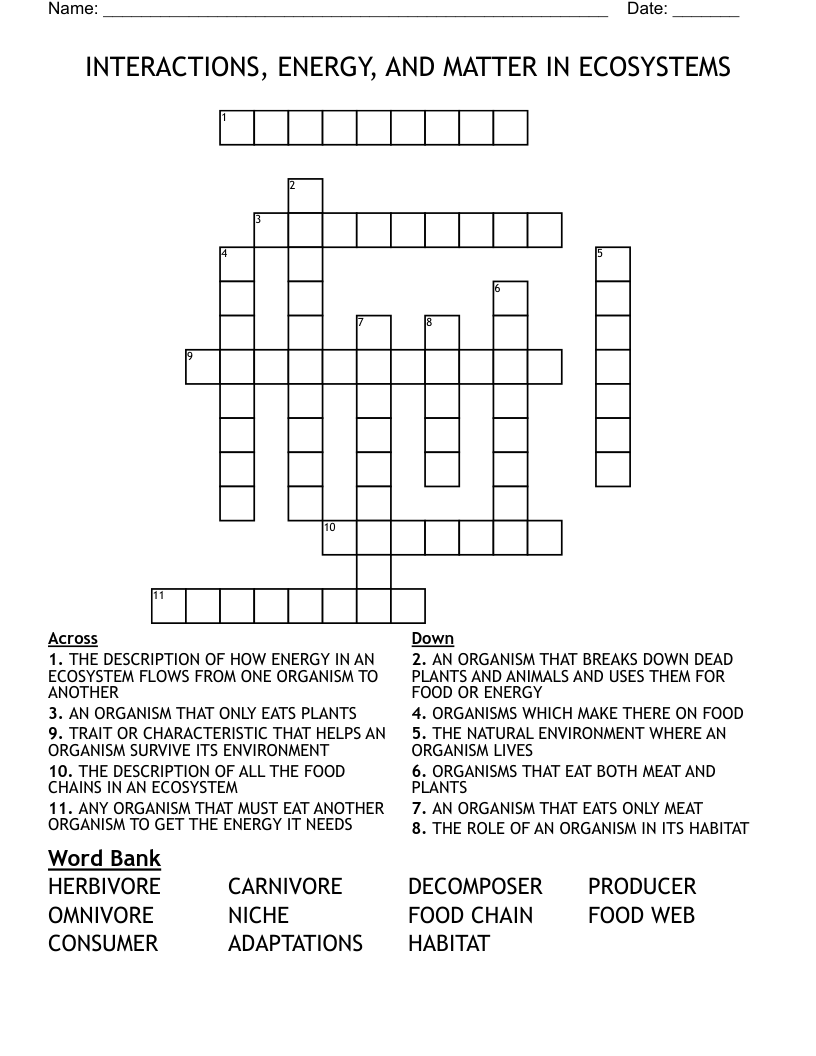 INTERACTIONS, ENERGY, AND MATTER IN ECOSYSTEMS Crossword