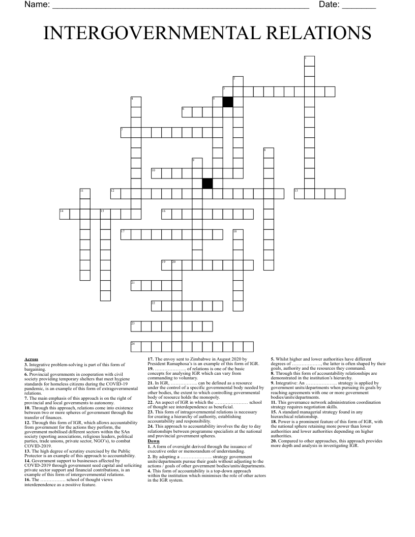 INTERGOVERNMENTAL RELATIONS Crossword