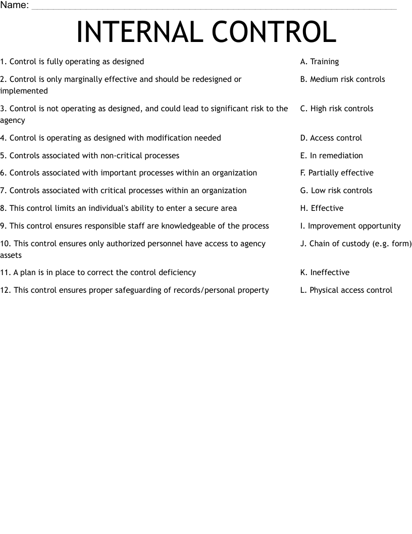 INTERNAL CONTROL Worksheet