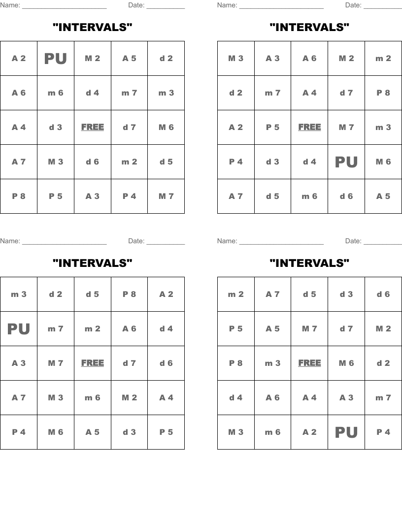 "INTERVALS" Bingo Cards