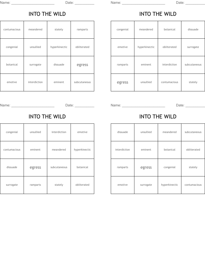 INTO THE WILD Bingo Cards