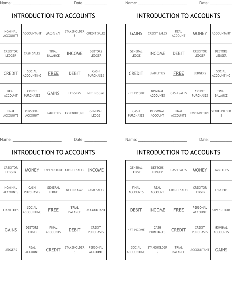 INTRODUCTION TO ACCOUNTS Bingo Cards