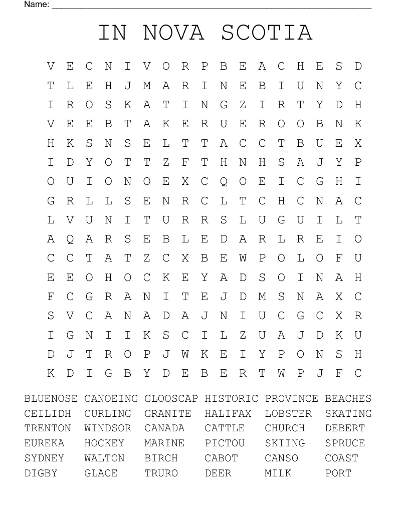 IN NOVA SCOTIA Word Search