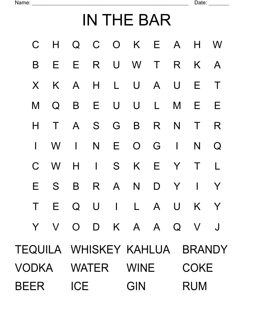 IN THE BAR Word Search