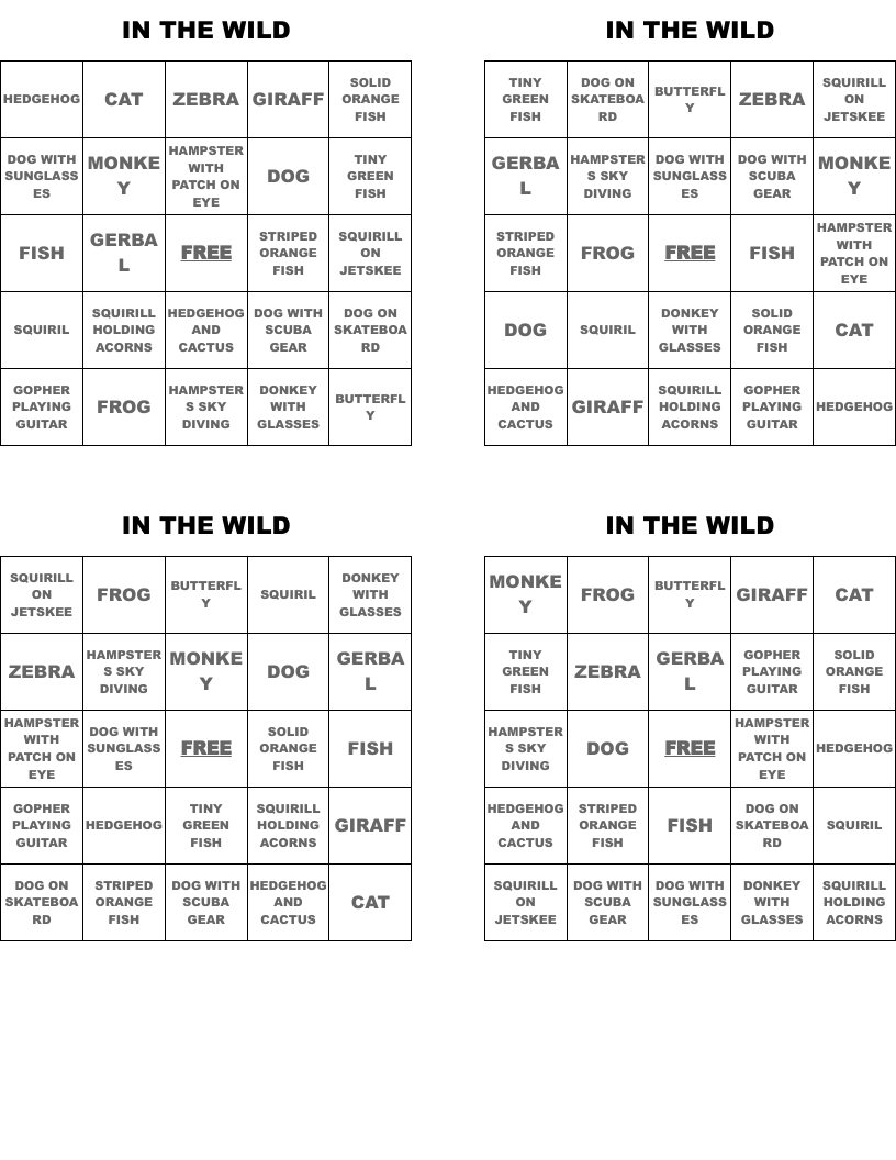 IN THE WILD Bingo Cards