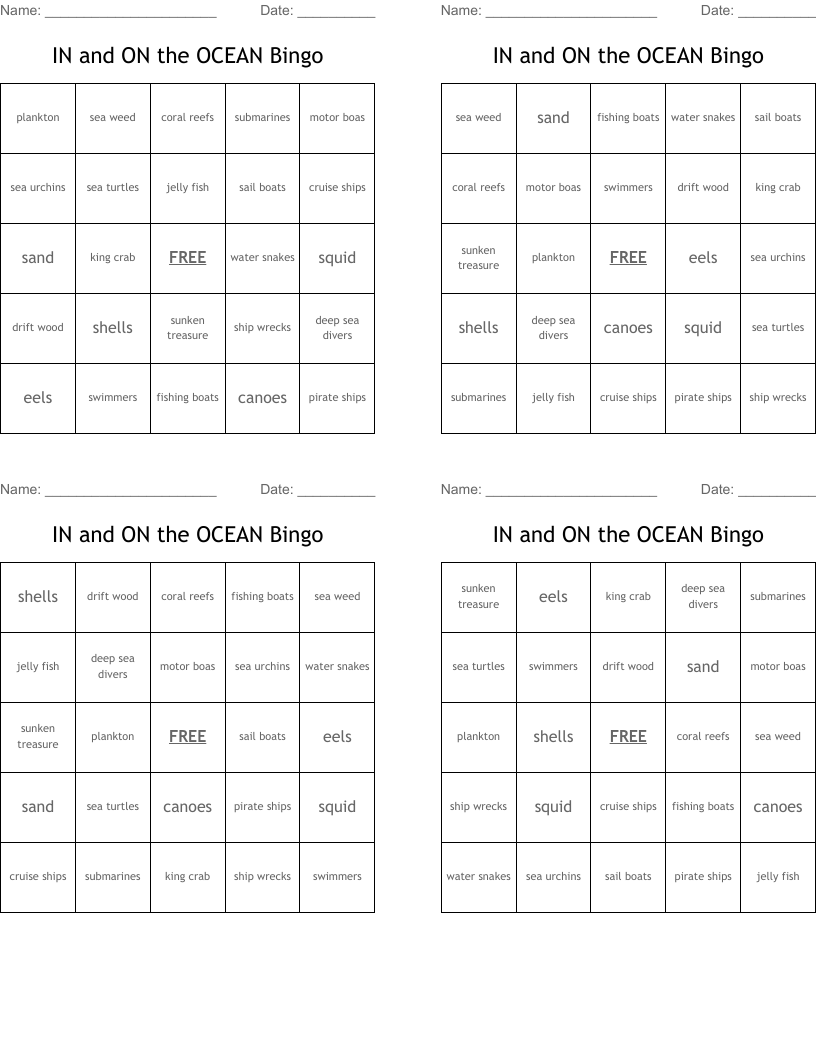 IN and ON the OCEAN Bingo