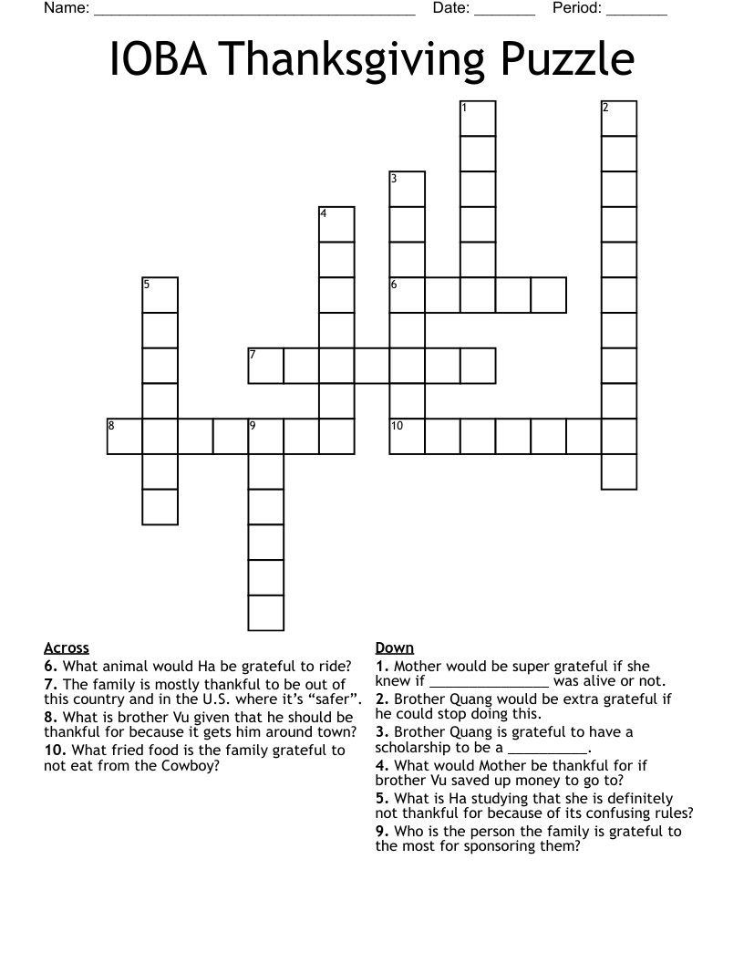 IOBA Thanksgiving Puzzle Crossword