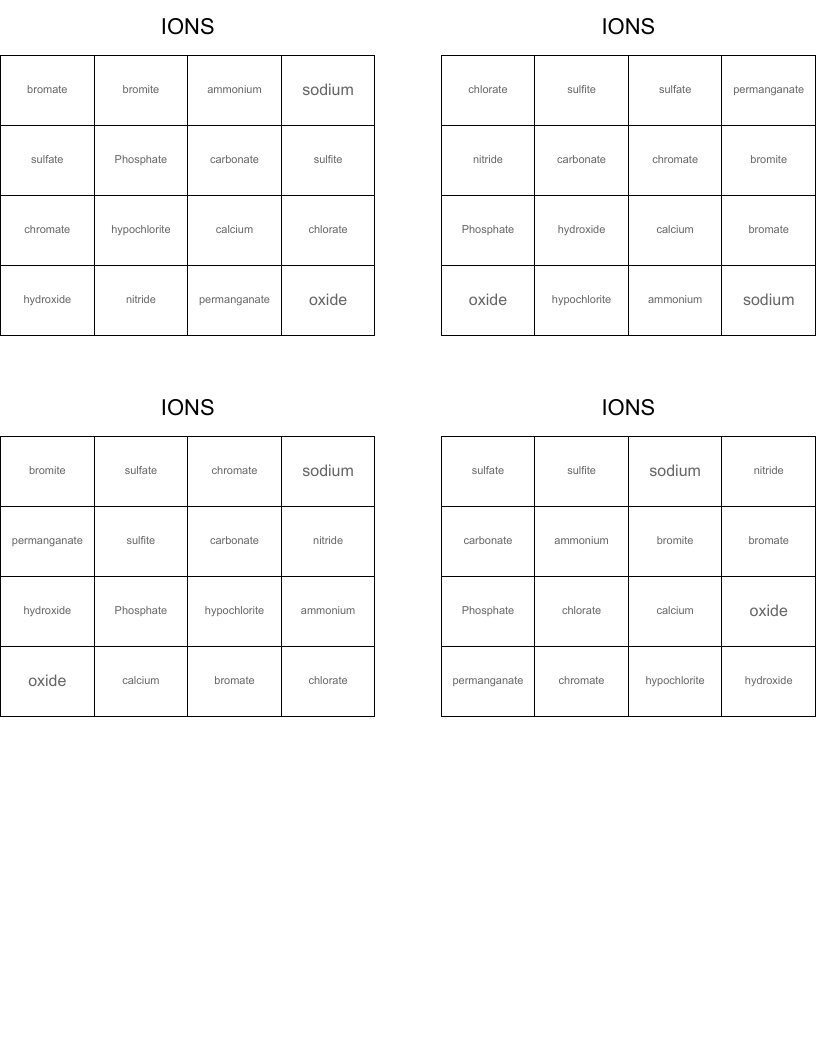 IONS Bingo Cards