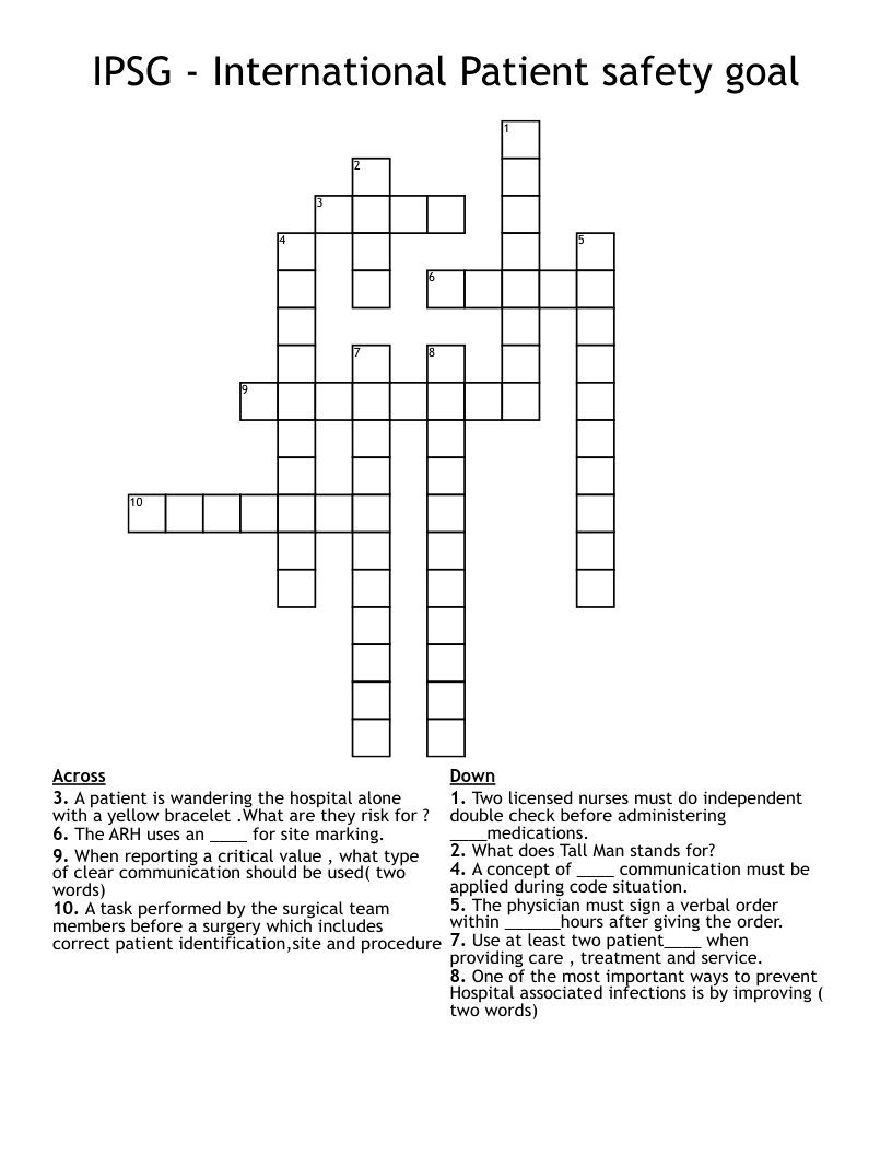 IPSG - International Patient safety goal Crossword
