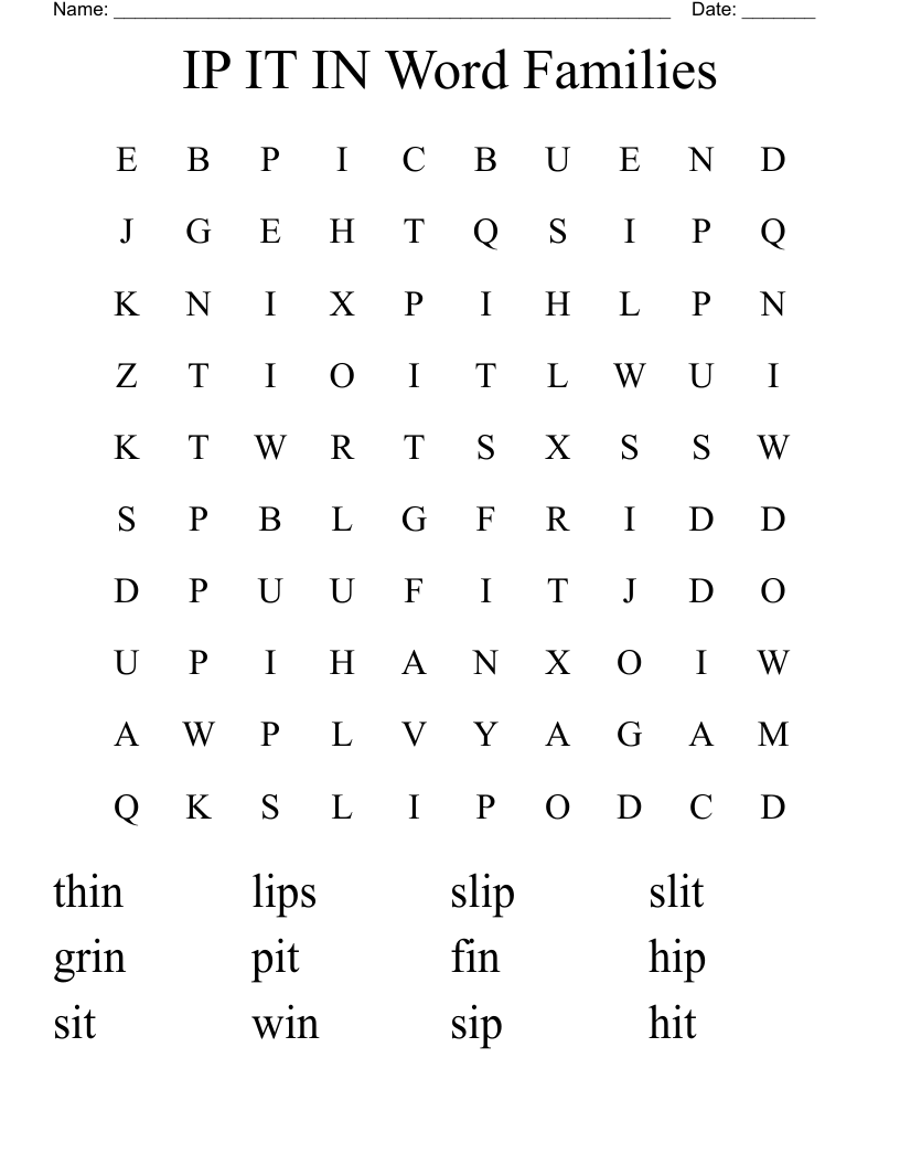 IP IT IN Word Families Word Search