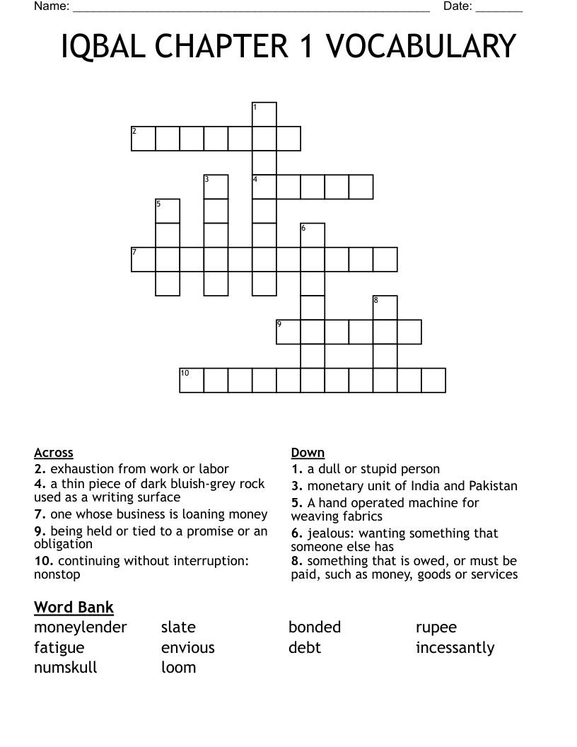 IQBAL CHAPTER 1 VOCABULARY Crossword