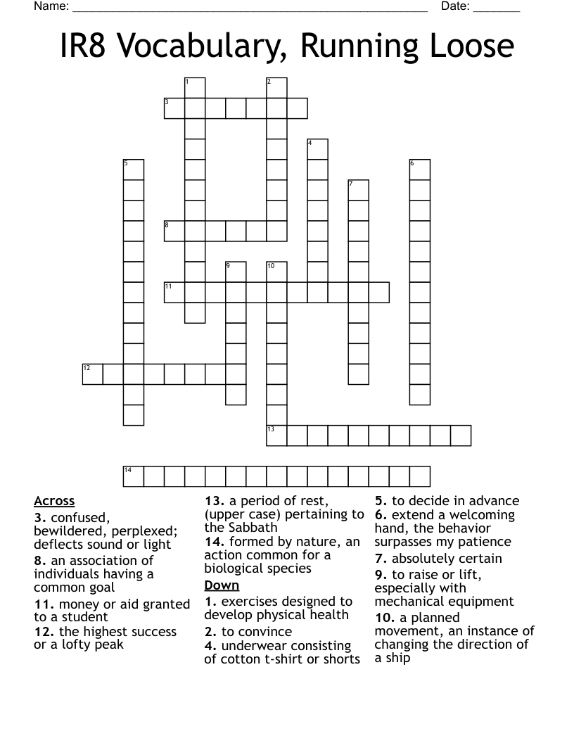 IR8 Vocabulary, Running Loose Crossword