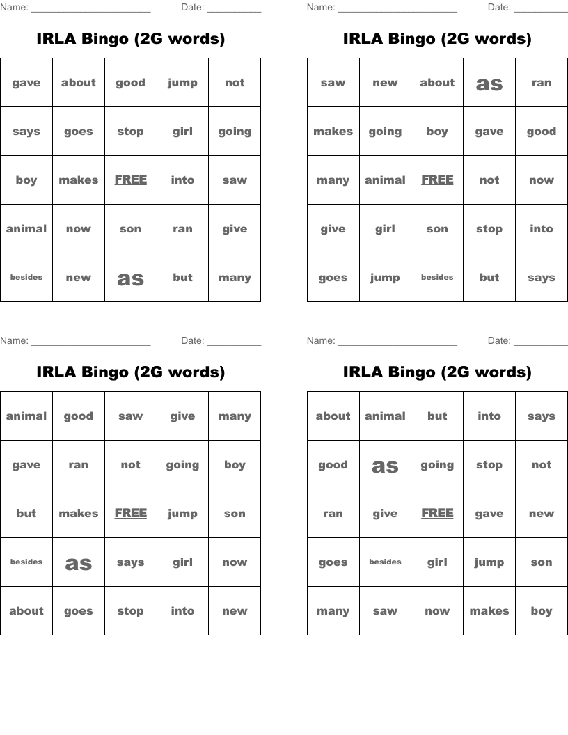 IRLA Bingo (2G words)