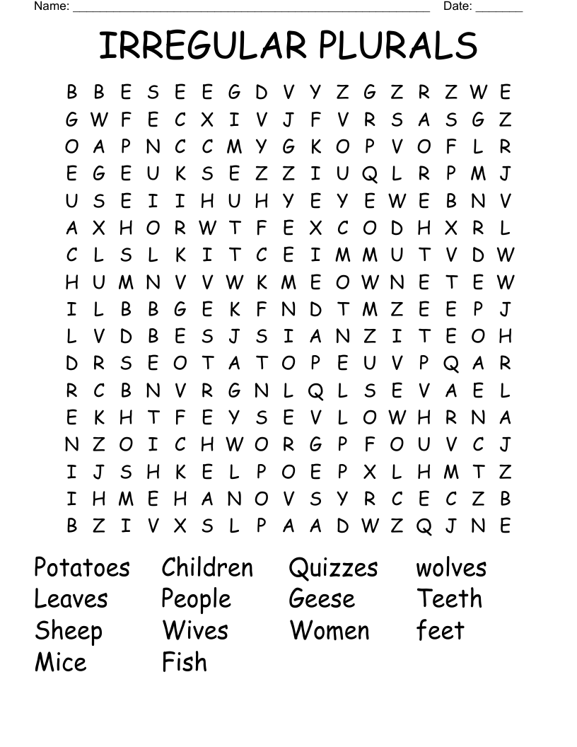 IRREGULAR PLURALS Word Search