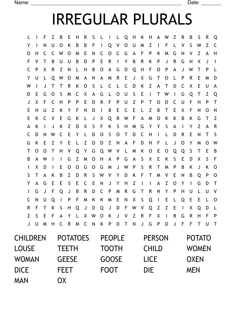 IRREGULAR PLURALS Word Search