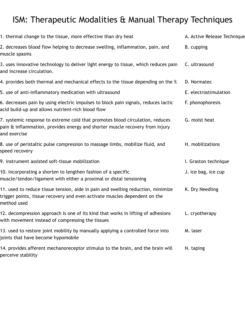 ISM: Therapeutic Modalities & Manual Therapy Techniques Worksheet