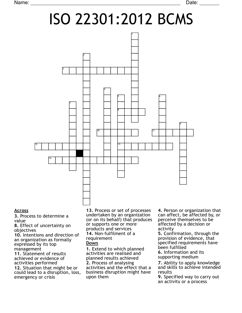 ISO 22301:2012 BCMS Crossword