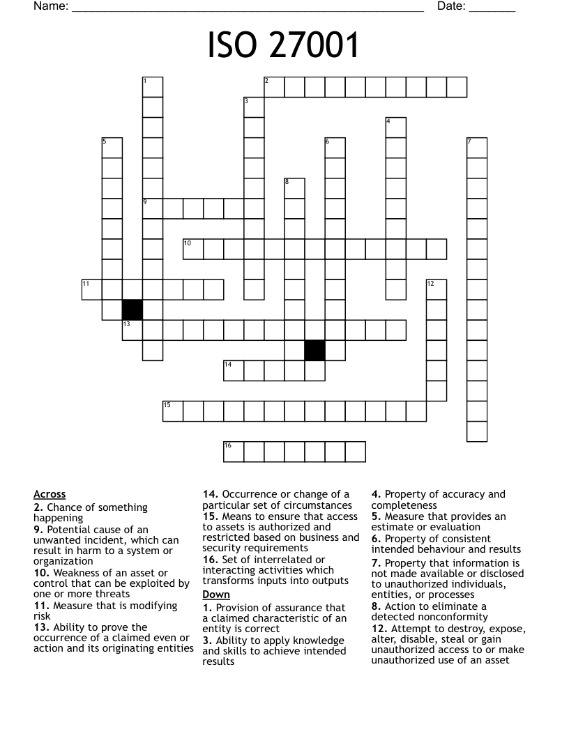 ISO 27001 Crossword