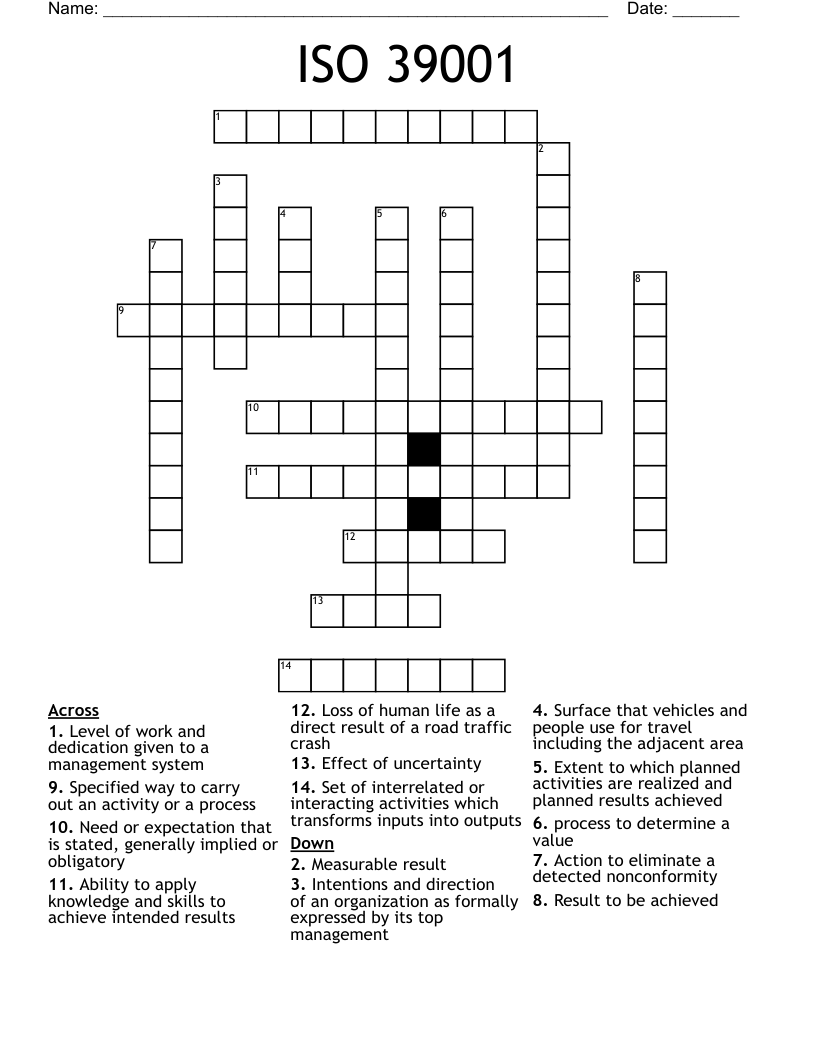 ISO 39001 Crossword