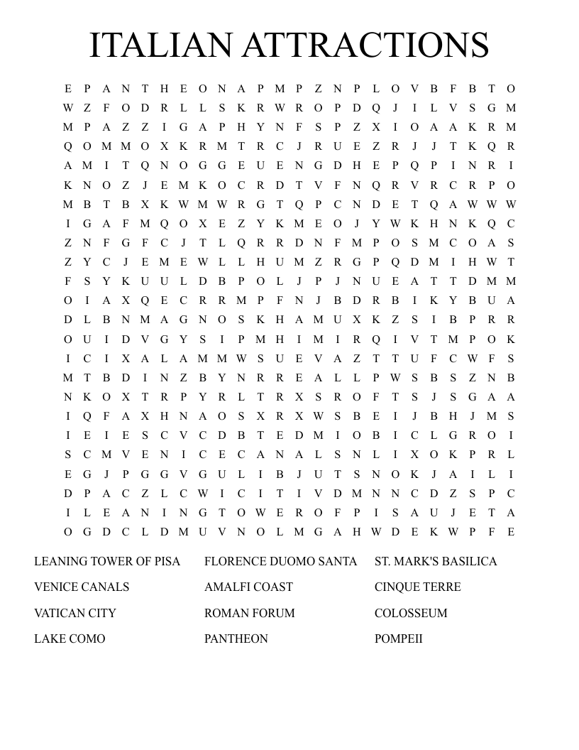 ITALIAN ATTRACTIONS Word Search