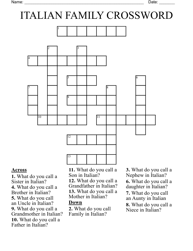 ITALIAN FAMILY CROSSWORD