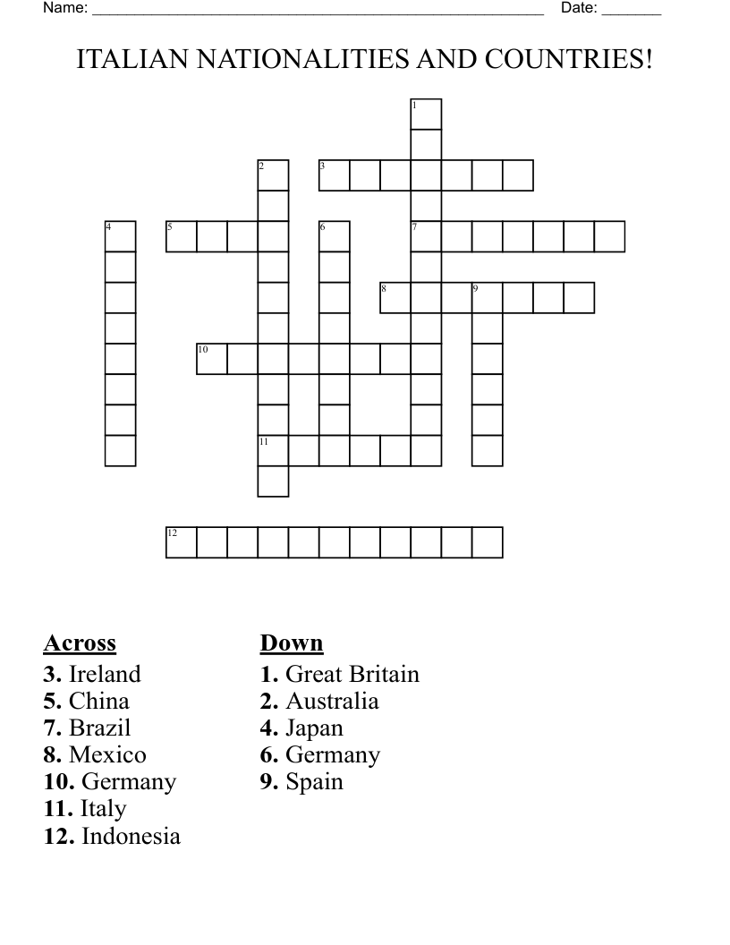 ITALIAN NATIONALITIES AND COUNTRIES! Crossword