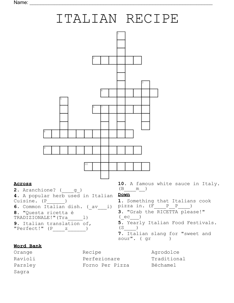 ITALIAN RECIPE Crossword