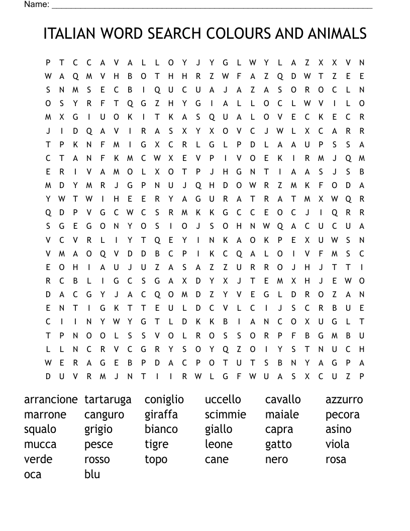 ITALIAN WORD SEARCH COLOURS AND ANIMALS