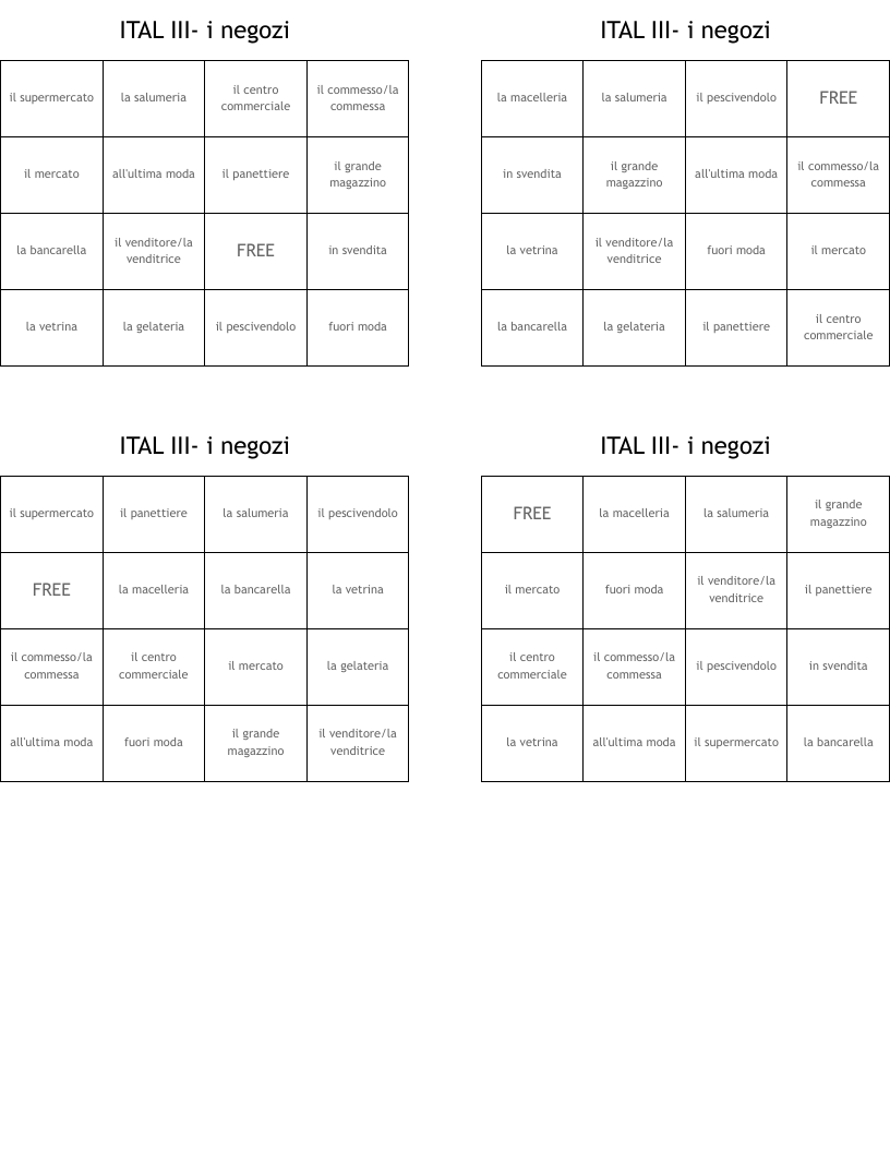 ITAL III- i negozi Bingo Cards