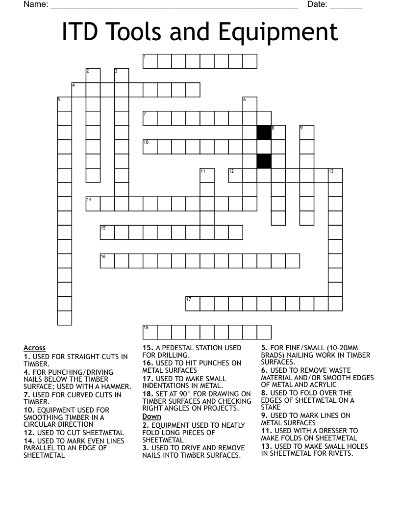 ITD Tools and Equipment Crossword