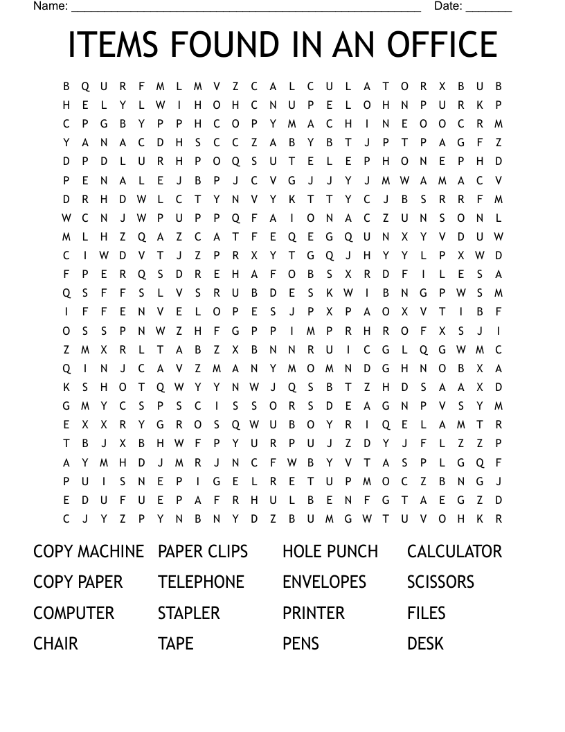 ITEMS FOUND IN AN OFFICE Word Search