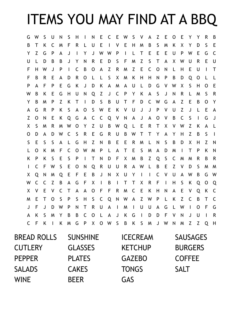 ITEMS YOU MAY FIND AT A BBQ Word Search
