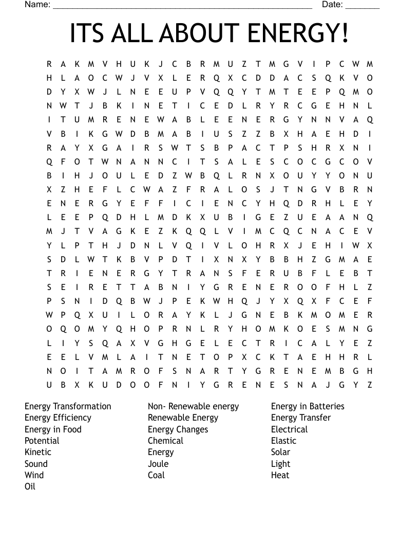 ITS ALL ABOUT ENERGY! Word Search