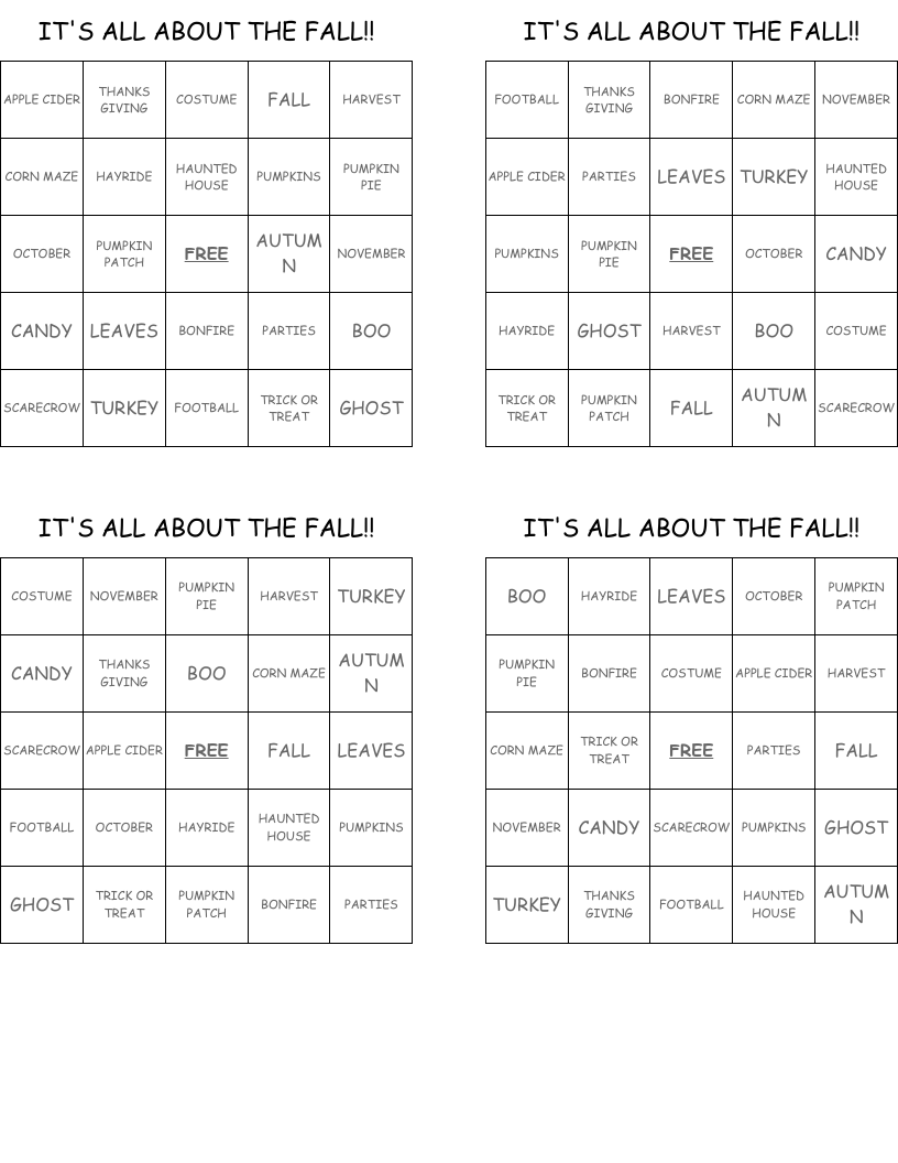 IT'S ALL ABOUT THE FALL!! Bingo Cards