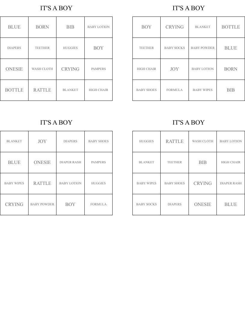 IT'S A BOY Bingo Cards