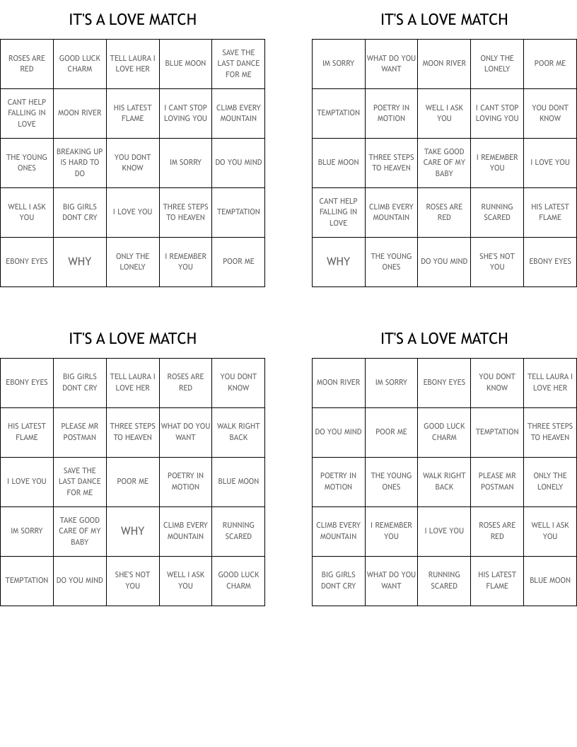 IT'S A LOVE MATCH Bingo Cards