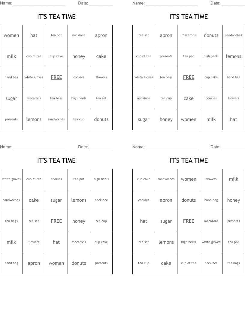 IT'S TEA TIME Bingo Cards