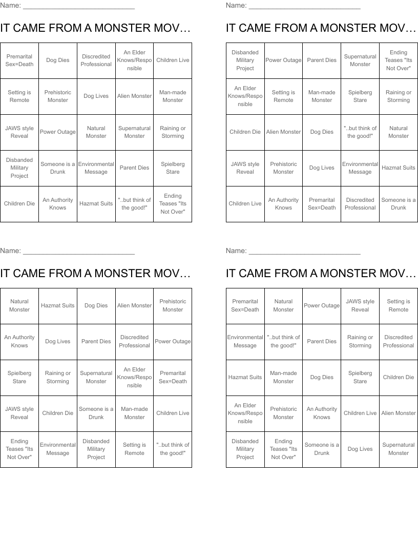 IT CAME FROM A MONSTER MOVIE BINGO